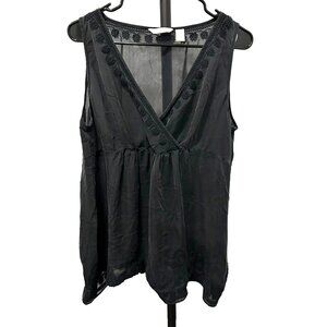 Liz Claiborne Black Sleeveless Embroidered V-Neck Blouse Size 16